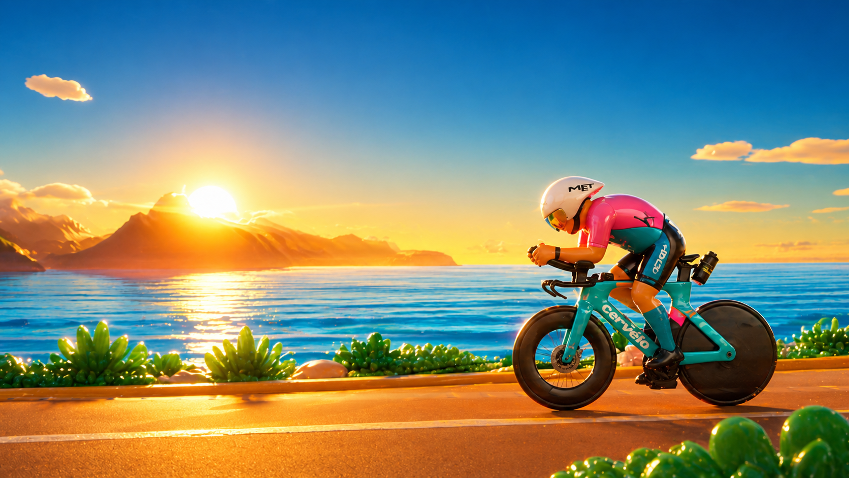 A triathlete on a time-trial bike rides into a Kona-style sunset over the ocean, palm leaves in the foreground, premium designer-toy render.